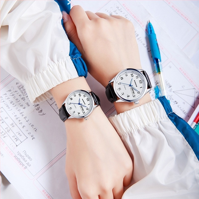 Bao Sizhe за двойки автоматичен механичен часовник с календар и седмично показване, светещи стрелки, естествена кожена каишка, водоустойчивост 30m