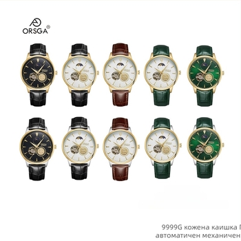 ORSGA механичен часовник с лунна фаза и прозорец към механизма; движение: оригинално механично движение (произход Китай); корпус: сплав; каишка: неръждаема стомана; водоустойчивост: 30M