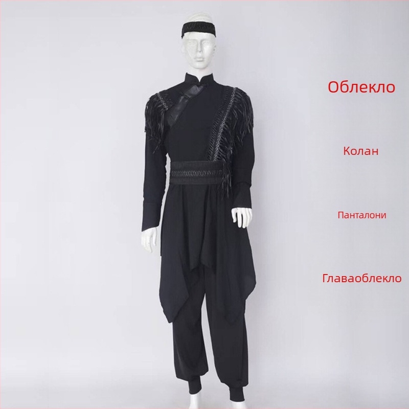 Монголска етническа сценична мъжка дреха за танци – свободна кройка, кардиган стил, стояща яка, дълги ръкави, 100% полиестер