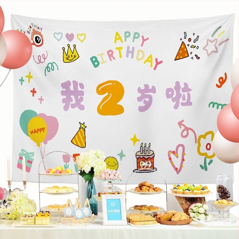 Гоблен за рожден ден – правоъгълна детска декорация, полиестер, мотив карикатура/аниме, дигитален термотрансферен печат