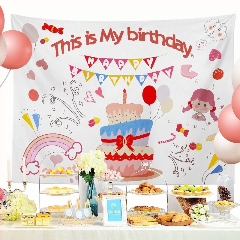 Гоблен за рожден ден – правоъгълна детска декорация, полиестер, мотив карикатура/аниме, дигитален термотрансферен печат