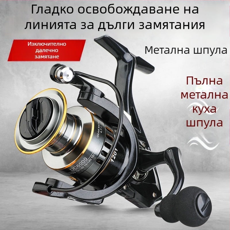 Спининг макара с пълен метален корпус, дълга шпула, преден драг, обратима ръкохватка за лява/дясна ръка, подходяща за морски и скалист риболов