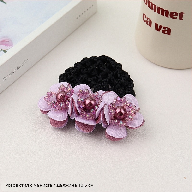 Дамски аксесоар за коса с перлена цветна розета и пружинен щипка, плат, минималистичен стил, ръчна изработка