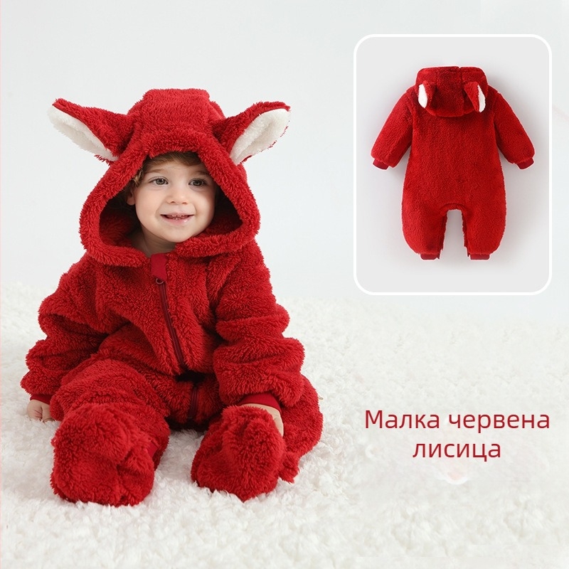 Бебешки гащеризон с Panda мотив, качулка от шерпа, дебел и топъл, цип за закопчаване, за деца 1–3 години (80–100 см)