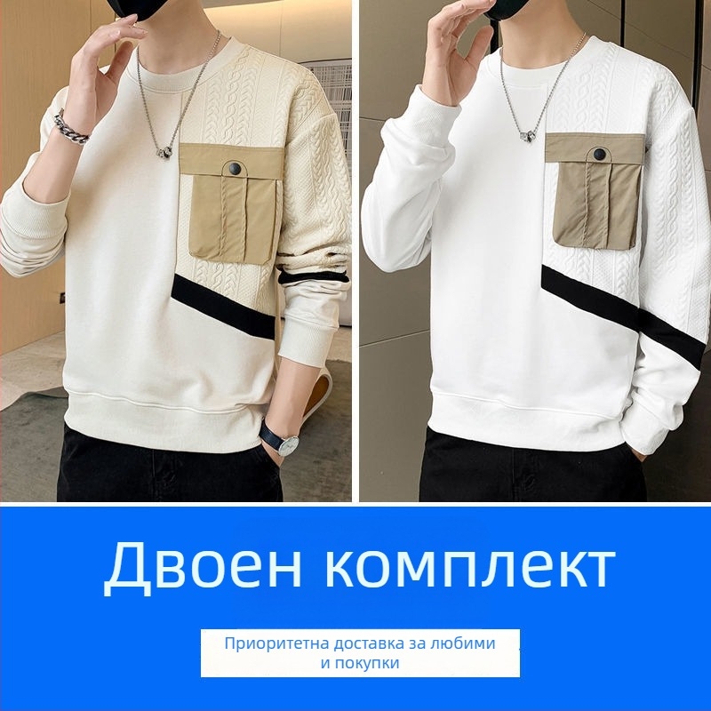 Мъжки пуловер със качулка, дълги ръкави, кръгло деколте, свободна кройка, пролетен модел