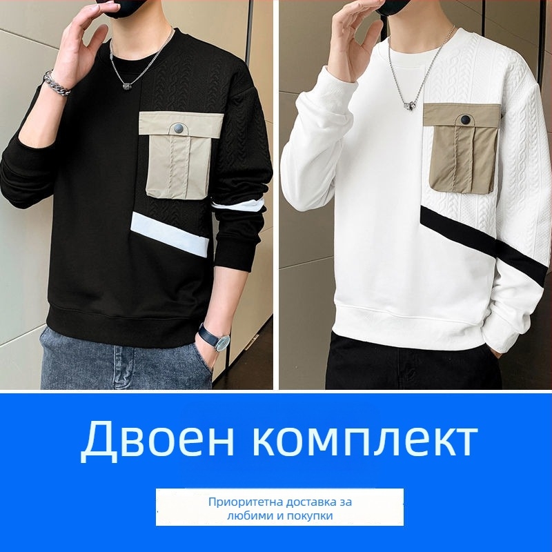 Мъжки пуловер със качулка, дълги ръкави, кръгло деколте, свободна кройка, пролетен модел