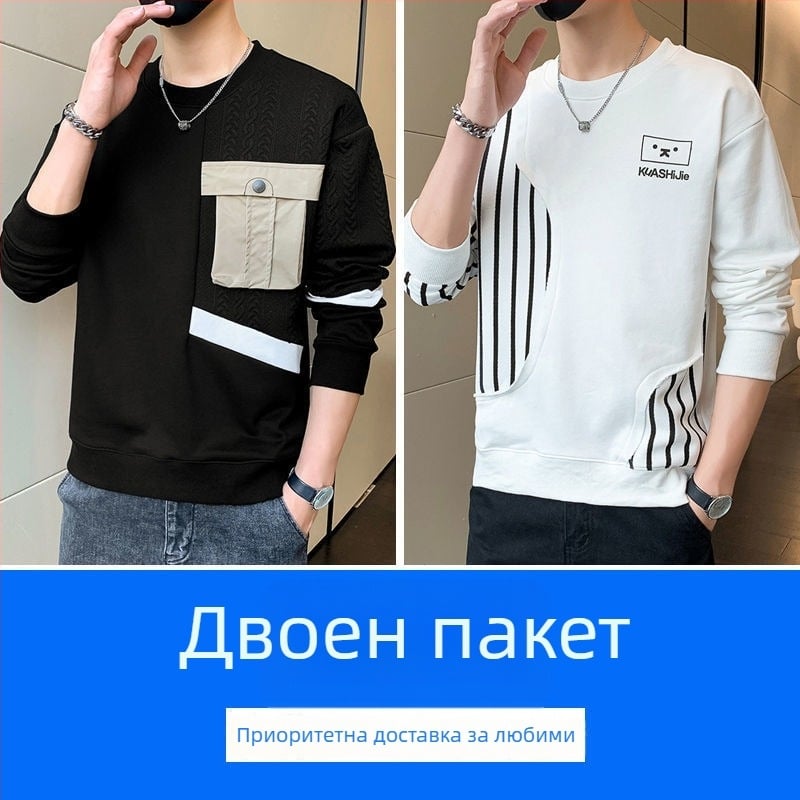 Мъжки пуловер със качулка, дълги ръкави, кръгло деколте, свободна кройка, пролетен модел