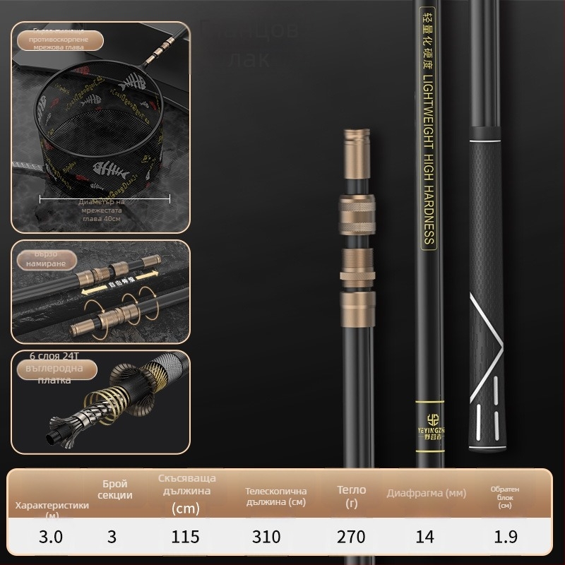 Телескопична карбонова мрежа за риболов – ултра лека и твърда, комплект с фина мрежа, сгъваема, товароподемност до 100 кг