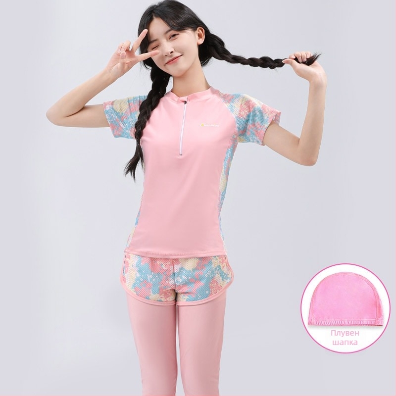 Детски слънцезащитен двукомпонентен бански за момичета, полиестерна материя и подплата, за плуване