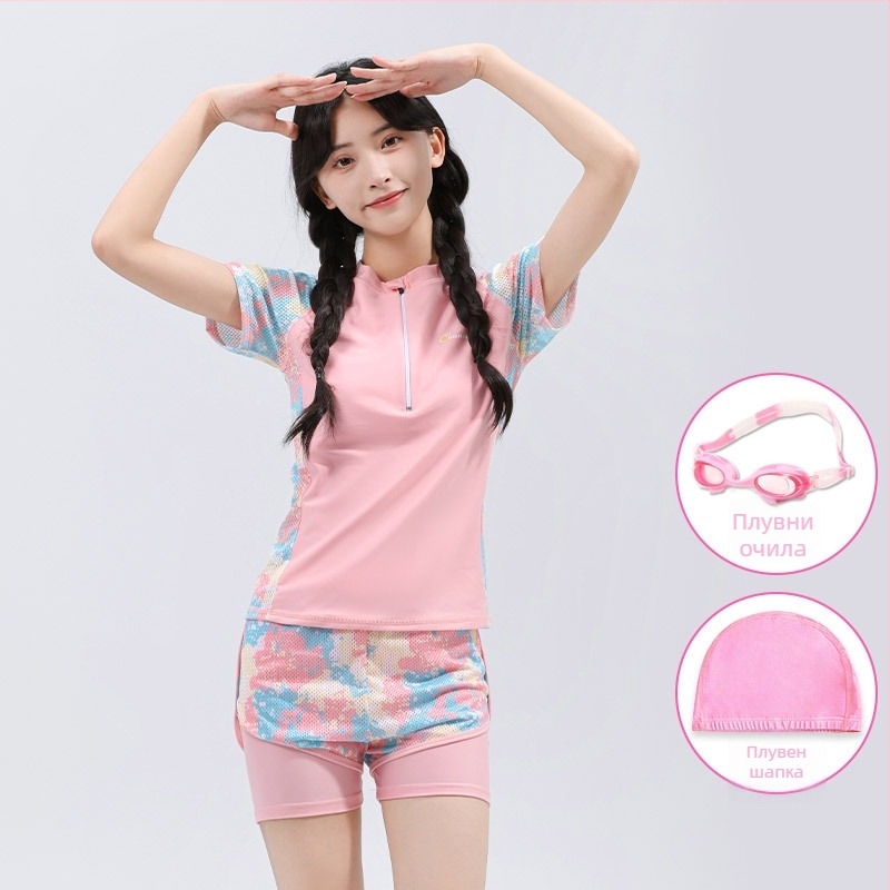 Детски слънцезащитен двукомпонентен бански за момичета, полиестерна материя и подплата, за плуване