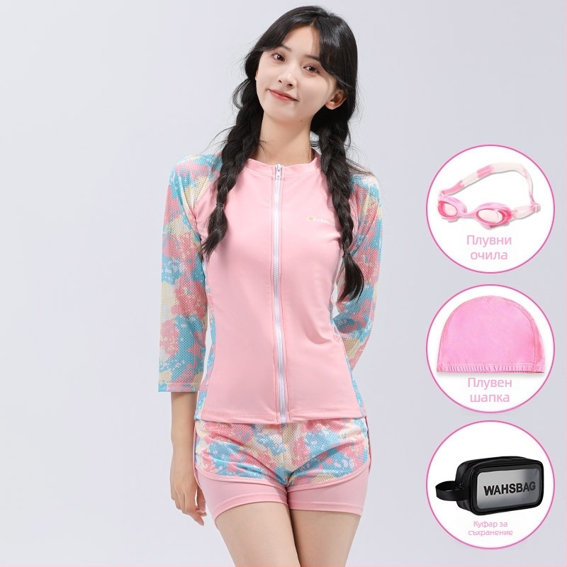 Детски слънцезащитен двукомпонентен бански за момичета, полиестерна материя и подплата, за плуване