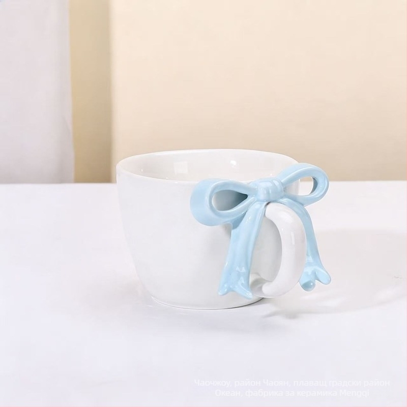 Комплект чашка за кафе и чинийка с панделка, керамичен дизайн, Nordic стил, 700 g, картонена кутия, персонализиране