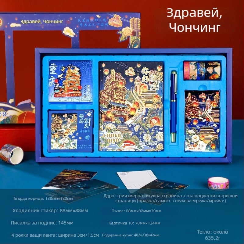 City Notes дневник сет – тема Туристически забележителности, хартиен дневник, пъзел лента и стикери, писалка за подпис, подаръчен комплект в стил модерно изкуство