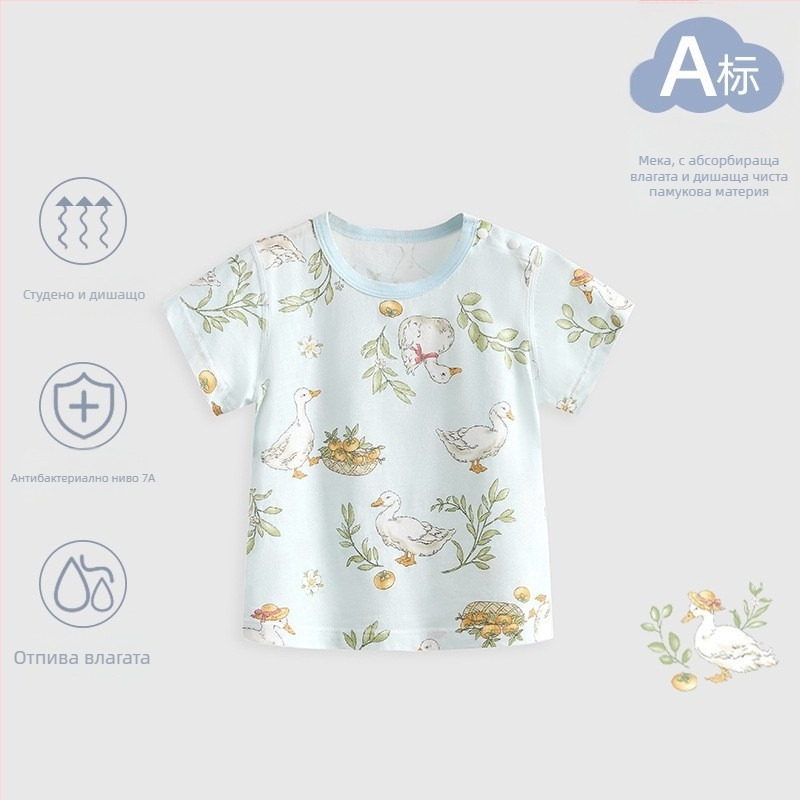 Бебешка памучна тениска с къс ръкав (карикатурен принт, 100% памук, кръгло деколте, за новородени 0-1 години)