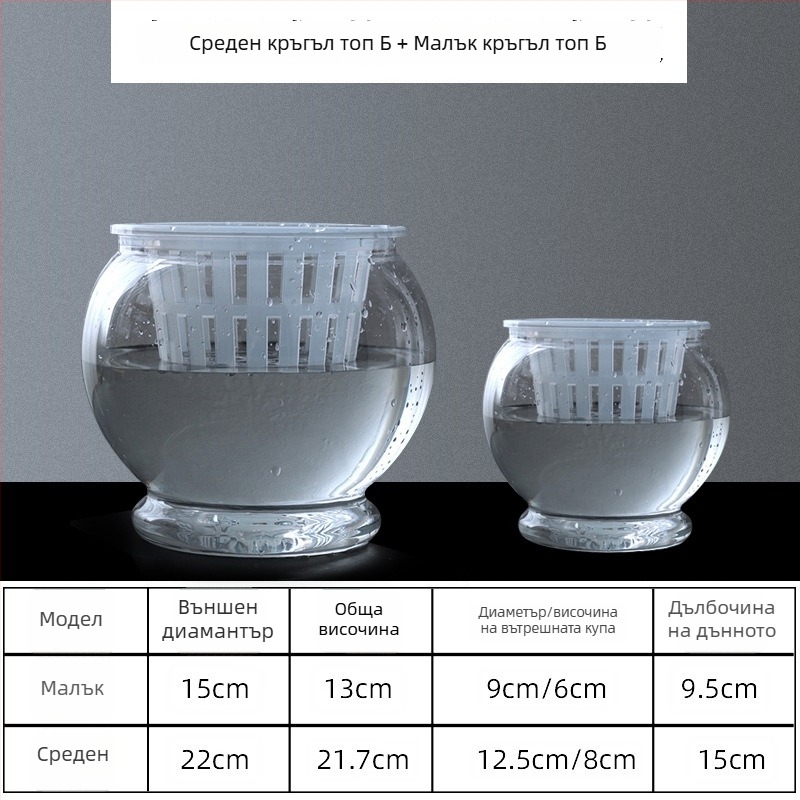 Гърне за цветя – прозрачно кръгло пластмасово, с самопоглъщане, здраво и устойчиво; за настолно и подово използване, за вътрешна хидропоника