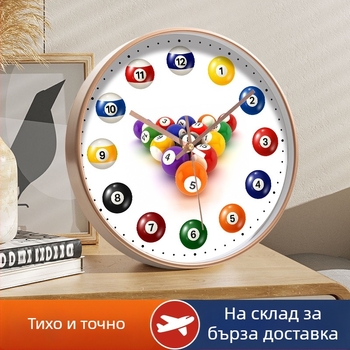 Стенно часовник - тих ход с кварцов механизъм, батериено захранване, кръгъл пластмасов корпус, стъклена предна част, декоративен