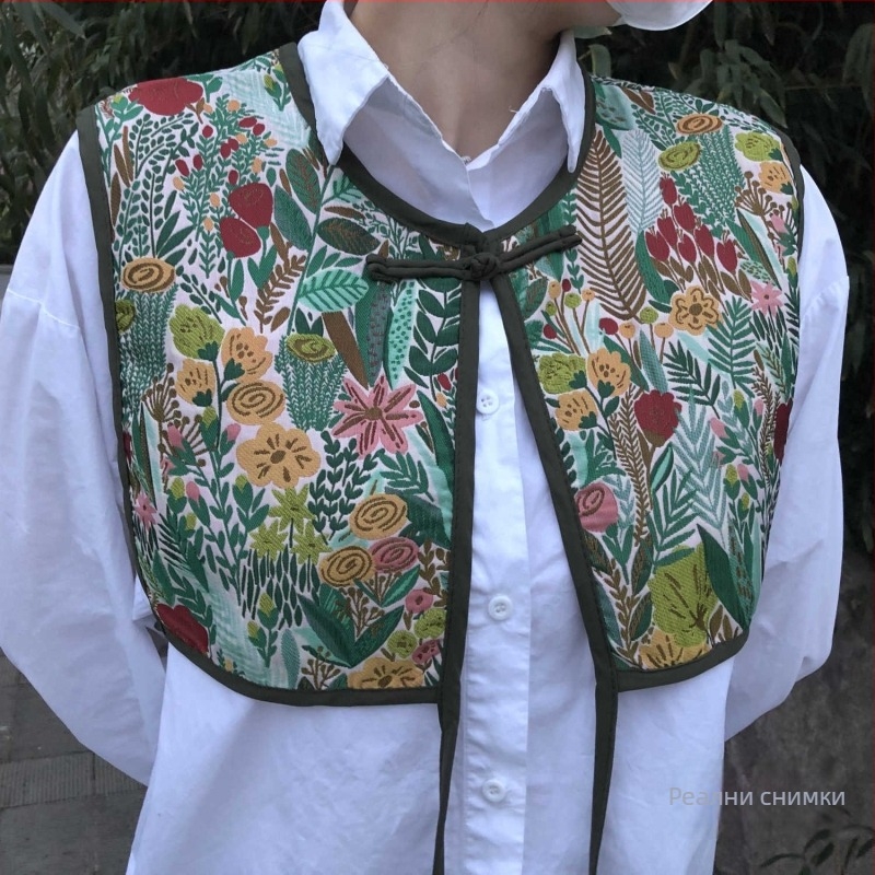 Унисекс бродиран шал-вест – полиестер, винтидж етничен стил, флорална шарка, зима/пролет/есен