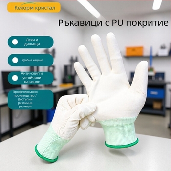 Защитни работни ръкавици с антихлъзгащо PU покритие на пръстите и дланите, въглеродни нишки, дизайн с открити пръсти (Тегло: 24 g)