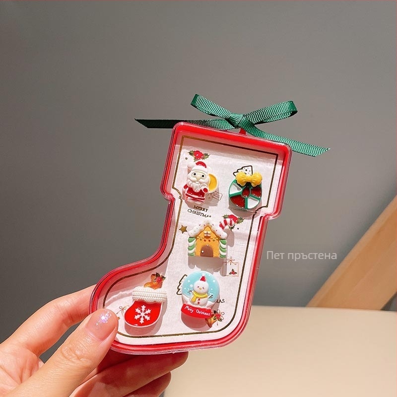 Комплект бижута: регулируем пръстен и ушни обици с карикатура на Дядо Коледа — коледен подарък за деца