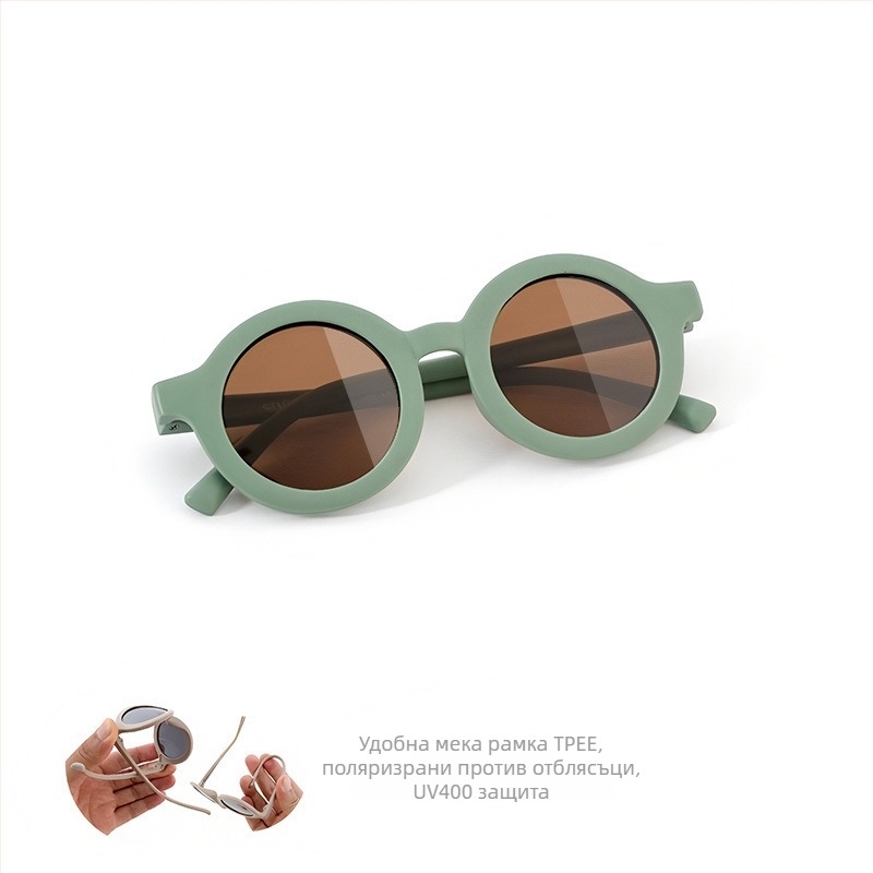 Детски слънчеви очила със силиконова кръгла рамка, UV400 защита, поляризирани TAC лещи, пълна рамка, материал на рамката: TPEE