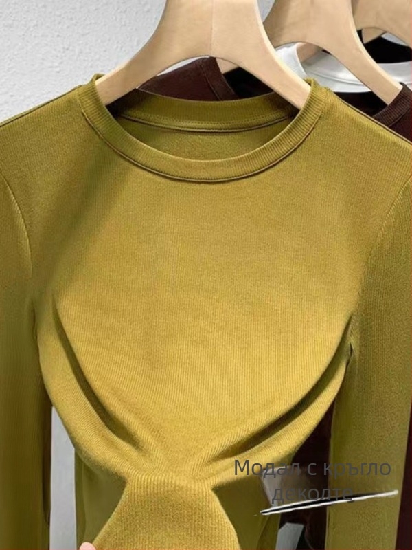 Топ от модал с дълги ръкави, кръгло деколте, едноцветен, слим фит