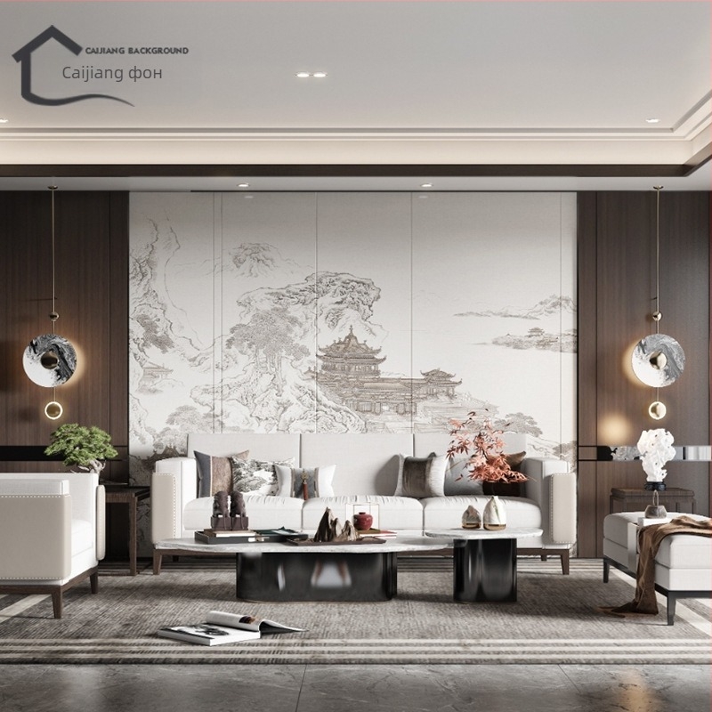 Стенна облицовка – коприна, антизамърсяваща повърхност, 3-слойна композиция, стил Нов китайски, бродиран пейзаж с цветя и птици