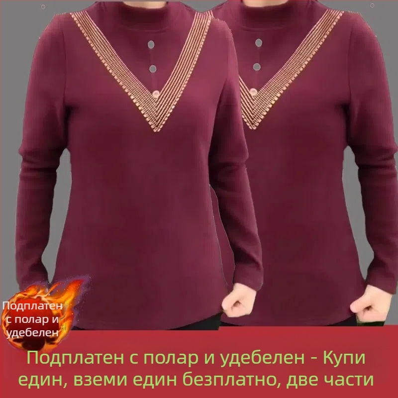 Плюс размер немски велур термо топ с полувисока яка за жени, есенно-зимно