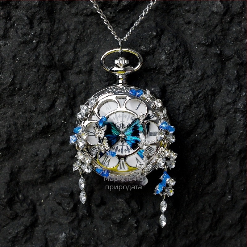 Пеперуден джобен часовник с подвижен реален пеперуден екземпляр, подходящ подарък за момичета и приятелки (водоустойчивост 35 м; електронен механизъм; силиконов корпус; кръгъл циферблат; ABS стъкло)