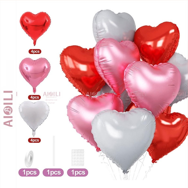 Балони от алуминиево фолио със сърцевидна форма, комплект 12 бр., Aubrey, за рожден ден и Ден на влюбените