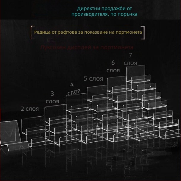 Дисплей стойка за портфейли и чанти, двуслоен дизайн, инжекционно формована конструкция, гипсова облицовка, стъпков дизайн