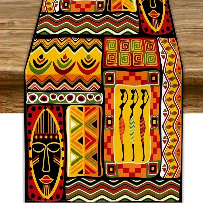 Table Runner от лен 100% с древноегипетски цветни пиктограми и геометричен абстрактен мотив за ресторанти — Perm, персонализиран дизайн