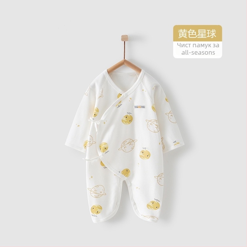 Новородено гащеризон от 100% памук с дълги ръкави, унисекс, наклонено закопчаване с връзка и мотив пеперуда