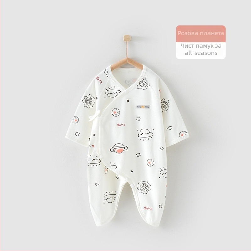 Новородено гащеризон от 100% памук с дълги ръкави, унисекс, наклонено закопчаване с връзка и мотив пеперуда