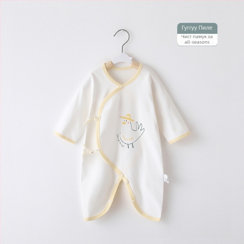 Новородено гащеризон от 100% памук с дълги ръкави, унисекс, наклонено закопчаване с връзка и мотив пеперуда