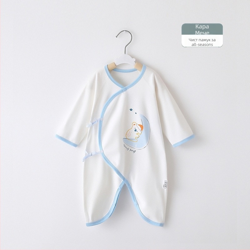 Новородено гащеризон от 100% памук с дълги ръкави, унисекс, наклонено закопчаване с връзка и мотив пеперуда