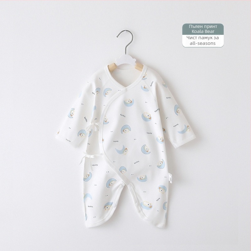 Новородено гащеризон от 100% памук с дълги ръкави, унисекс, наклонено закопчаване с връзка и мотив пеперуда