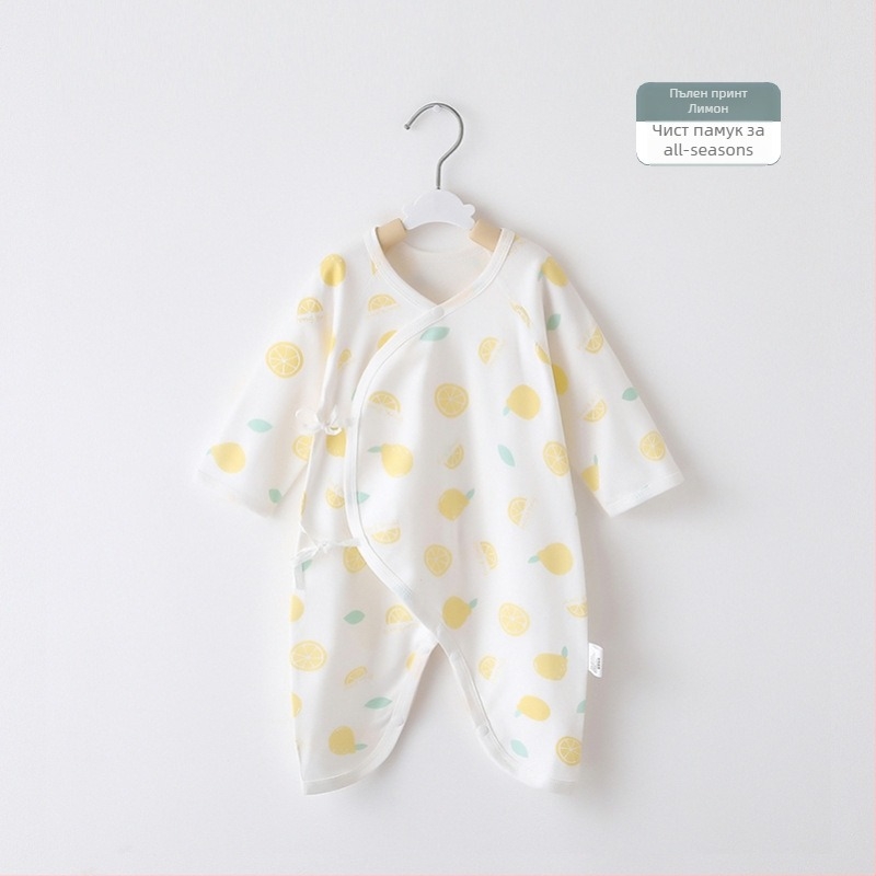 Новородено гащеризон от 100% памук с дълги ръкави, унисекс, наклонено закопчаване с връзка и мотив пеперуда