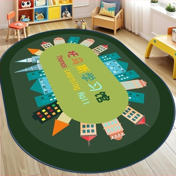 Килим от кристален велур с антихлъзгаща повърхност за детска градина, зона за четене, овална форма, полиестер, миещ се, стил карикатура, шарки: решетка, букви, цифри, цветя
