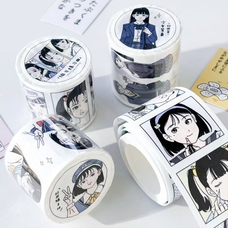 Gulu Bubble: Акварелен манга стил момиче в училищна униформа — die-cut washi лента, стикери и подвеси