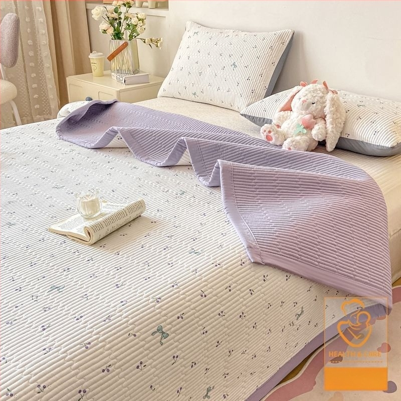 Тричастен комплект покривка за легло, квилиран и противохлъзгащ се, шарка на ивици, полиестерно влакно, двустранен