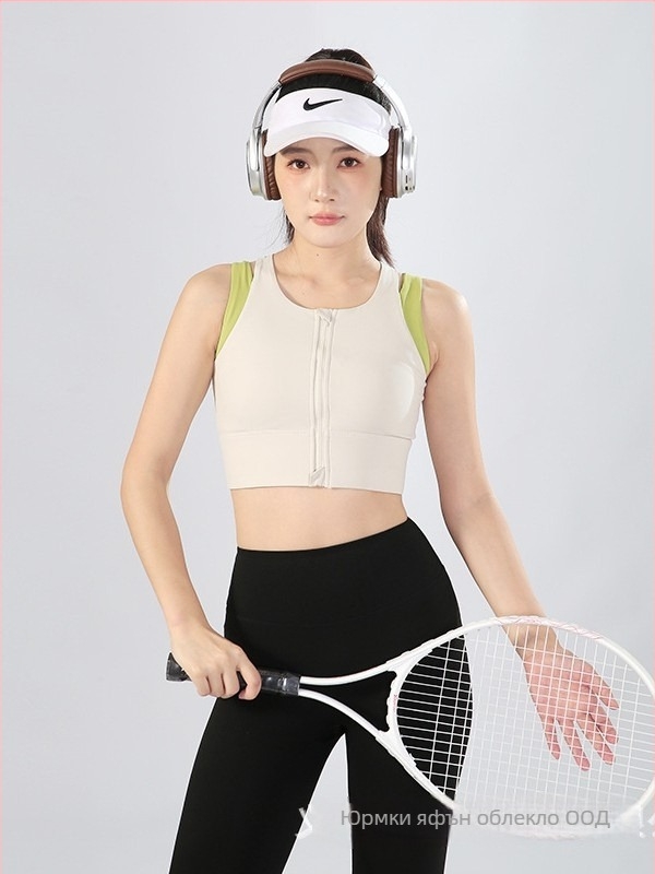 Спортен сутиен с преден цип и интегрирани фиксирани чашки, дишащ плат Nylon-Spandex (80% найлон, 20% спандекс), дължина до талията, тънък силует