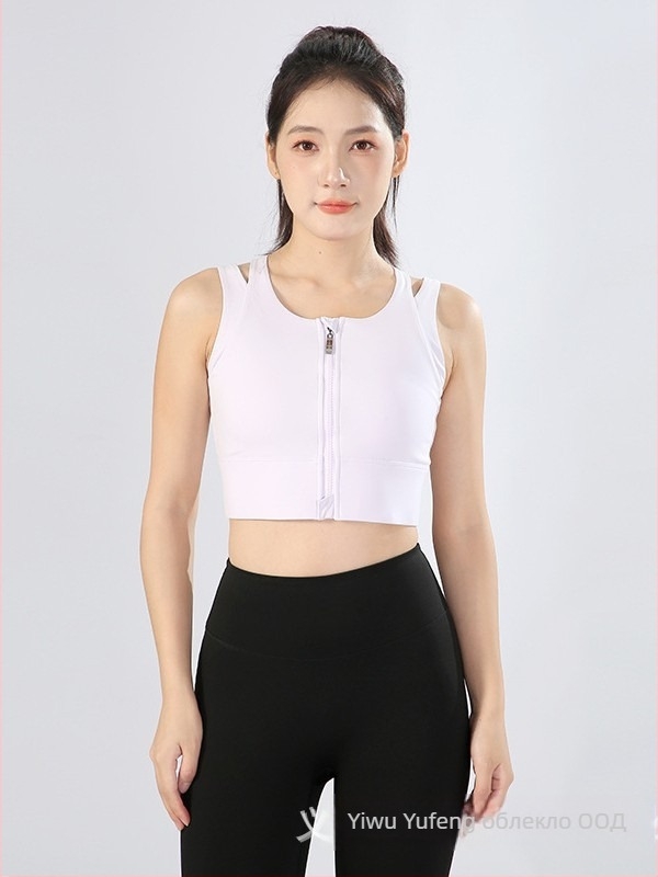 Спортен сутиен с преден цип и интегрирани фиксирани чашки, дишащ плат Nylon-Spandex (80% найлон, 20% спандекс), дължина до талията, тънък силует