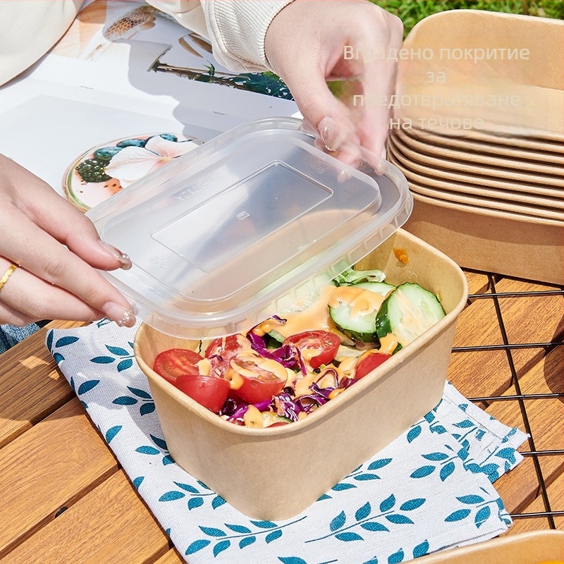 Еднократна квадратна кутия за изнасяне от крафт хартия с непропусклива хартиена купа за къмпинг и пикник; неподходяща за микровълнова печка; подходяща за бенто обеди.