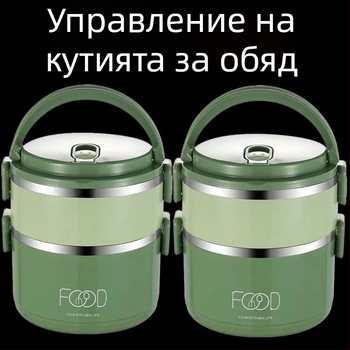 Ланч бокс с изолация: многослоен дизайн (3–4 слоя), пластмаса + неръждаема стомана, капацитет 2.1–3 л, кръгла форма, преносим