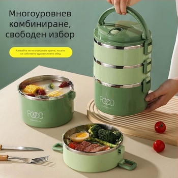 Ланч бокс с изолация: многослоен дизайн (3–4 слоя), пластмаса + неръждаема стомана, капацитет 2.1–3 л, кръгла форма, преносим