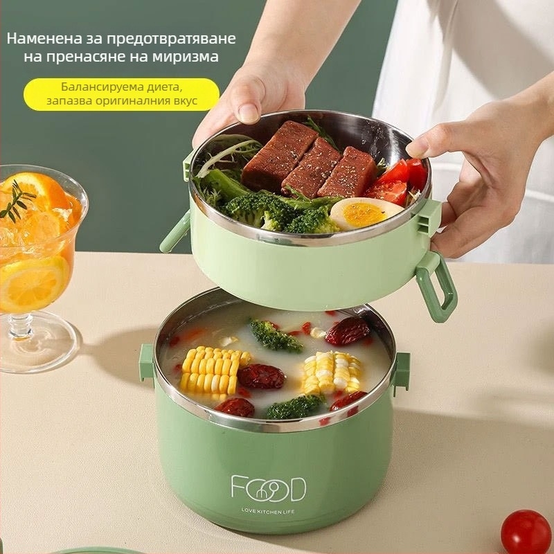 Ланч бокс с изолация: многослоен дизайн (3–4 слоя), пластмаса + неръждаема стомана, капацитет 2.1–3 л, кръгла форма, преносим