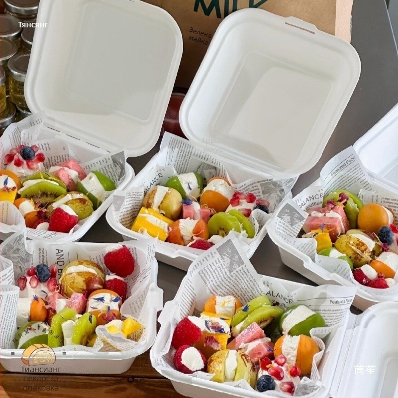 Три секционна кутия за пикник за десерт с йогурт, плодове и торта — микровълнова: Не; печат на лого: Възможен; персонализация: Не; разградим: Не