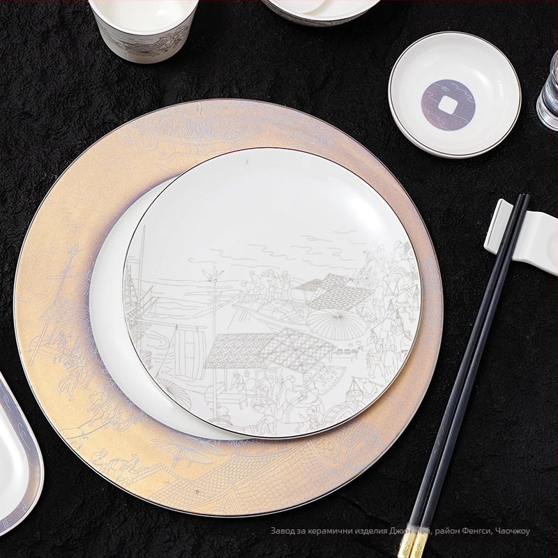 Порцеланов сервиз за хотелски маси, китайски стил, надгравена глазура, персонализация и печат на лого