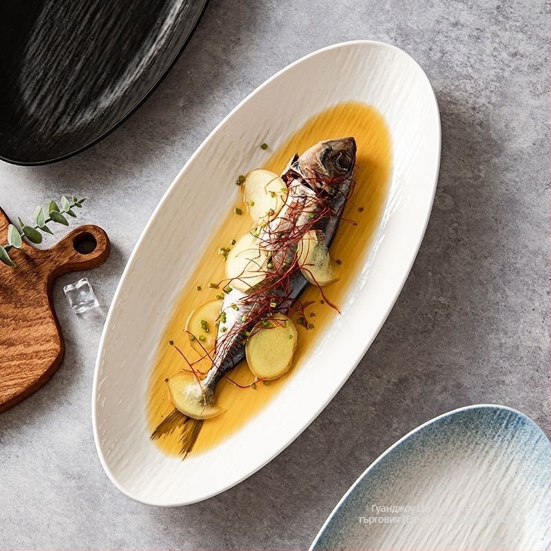 Рибена чиния, керамична посуда за сервиране на риба на пара, висок клас, не е ръчно изработена, не подлежи на персонализация.