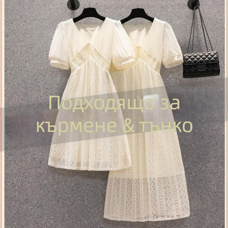 Лятна сукня за кърмене - средна дължина, къс ръкав, висока яка, корейски уличен хипстер стил, 90–95% памук